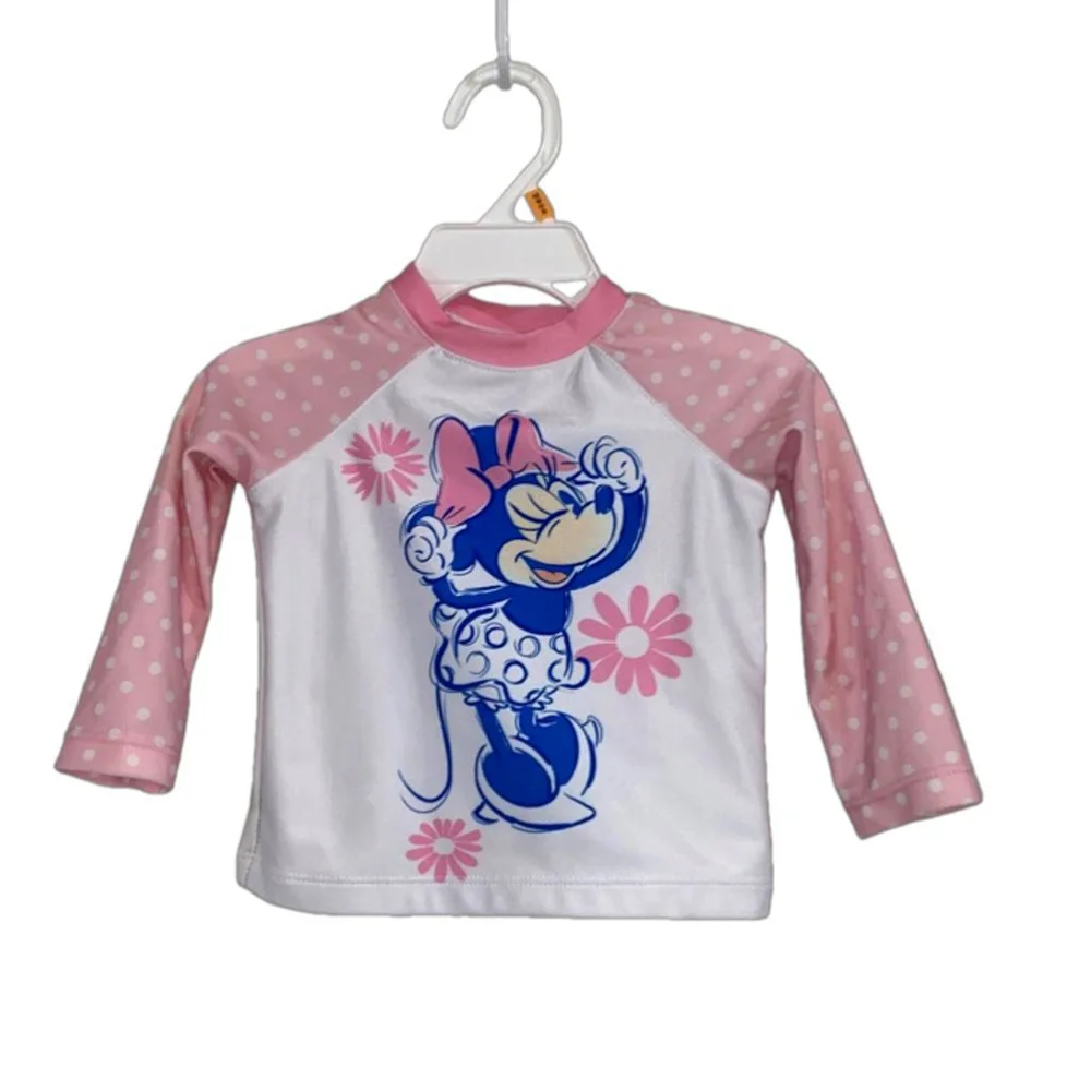⭐️3/$20 Girls Disney Minnie Mouse Swimsuit Rashguard 12 Months White Pink